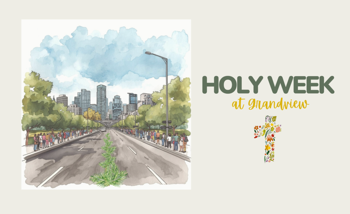 watercolour image of an urban street with a path of palm branches