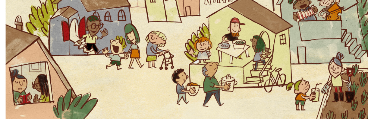 artistic illustration of neighbours greeting each other